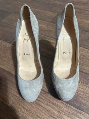 Christian Louboutin Light Gray Suede Round-Toe Pumps